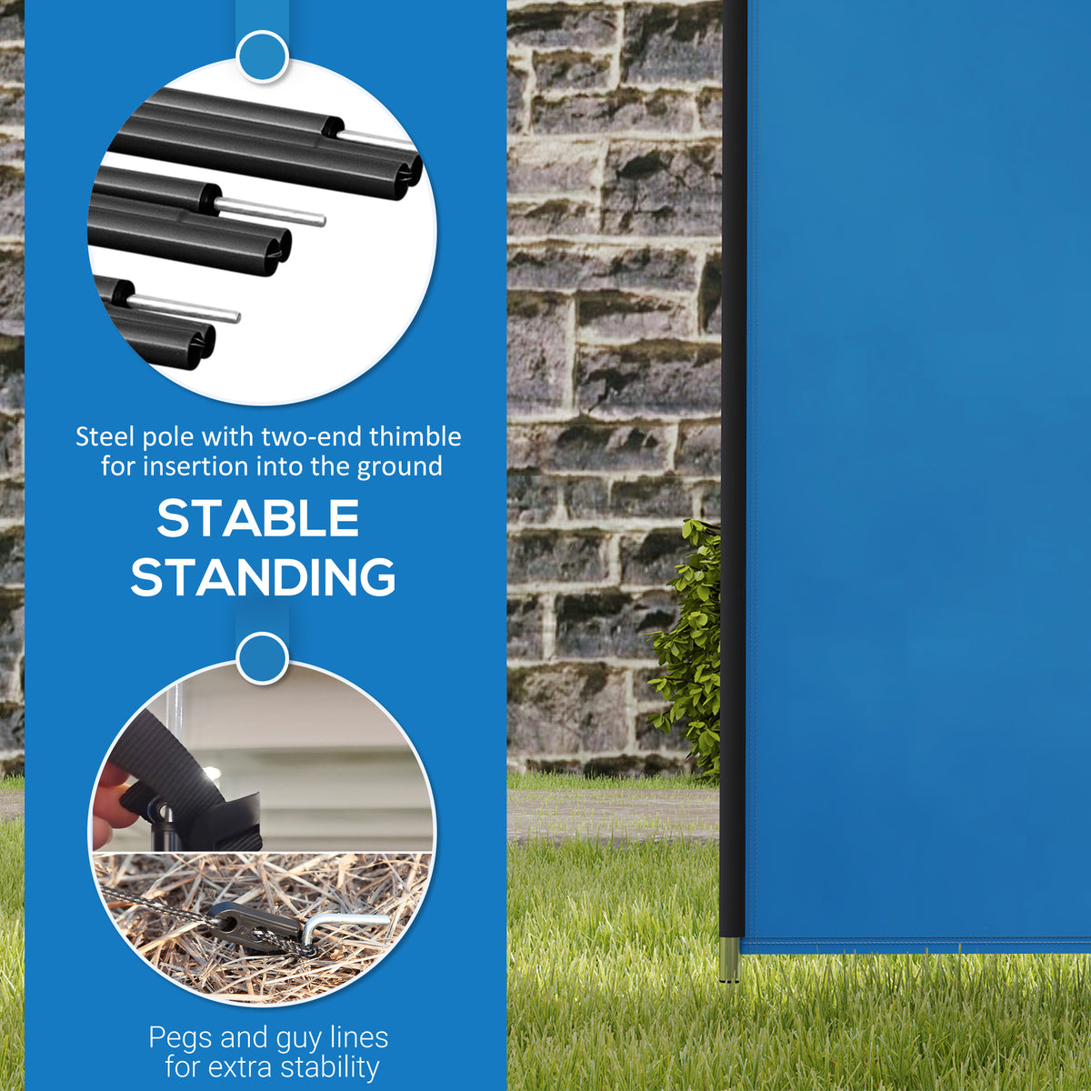 Blue camping windbreak panel with steel poles, ground pegs and guy lines