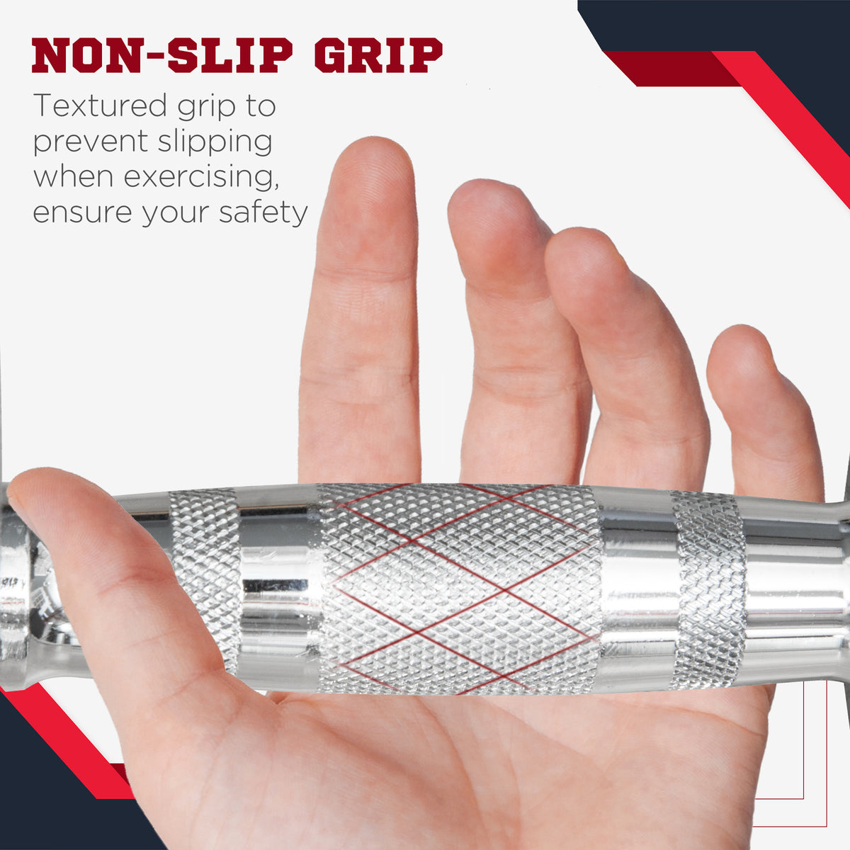 Dumbbell chrome handle with textured, non-slip knurling