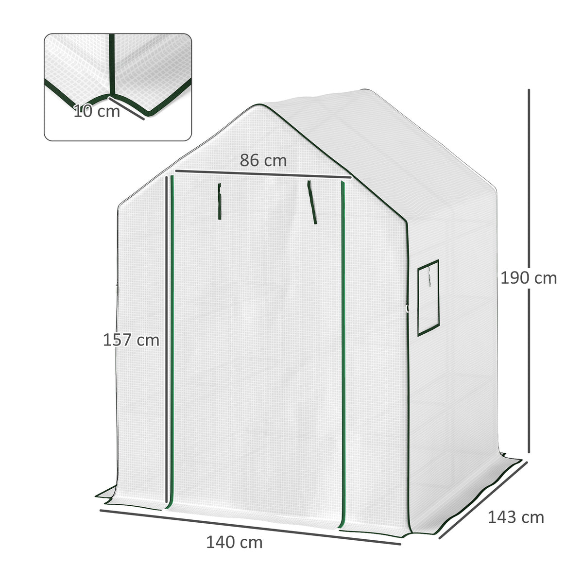 Walk-in greenhouse with white cover, green trim, roll-up door and dimension markings