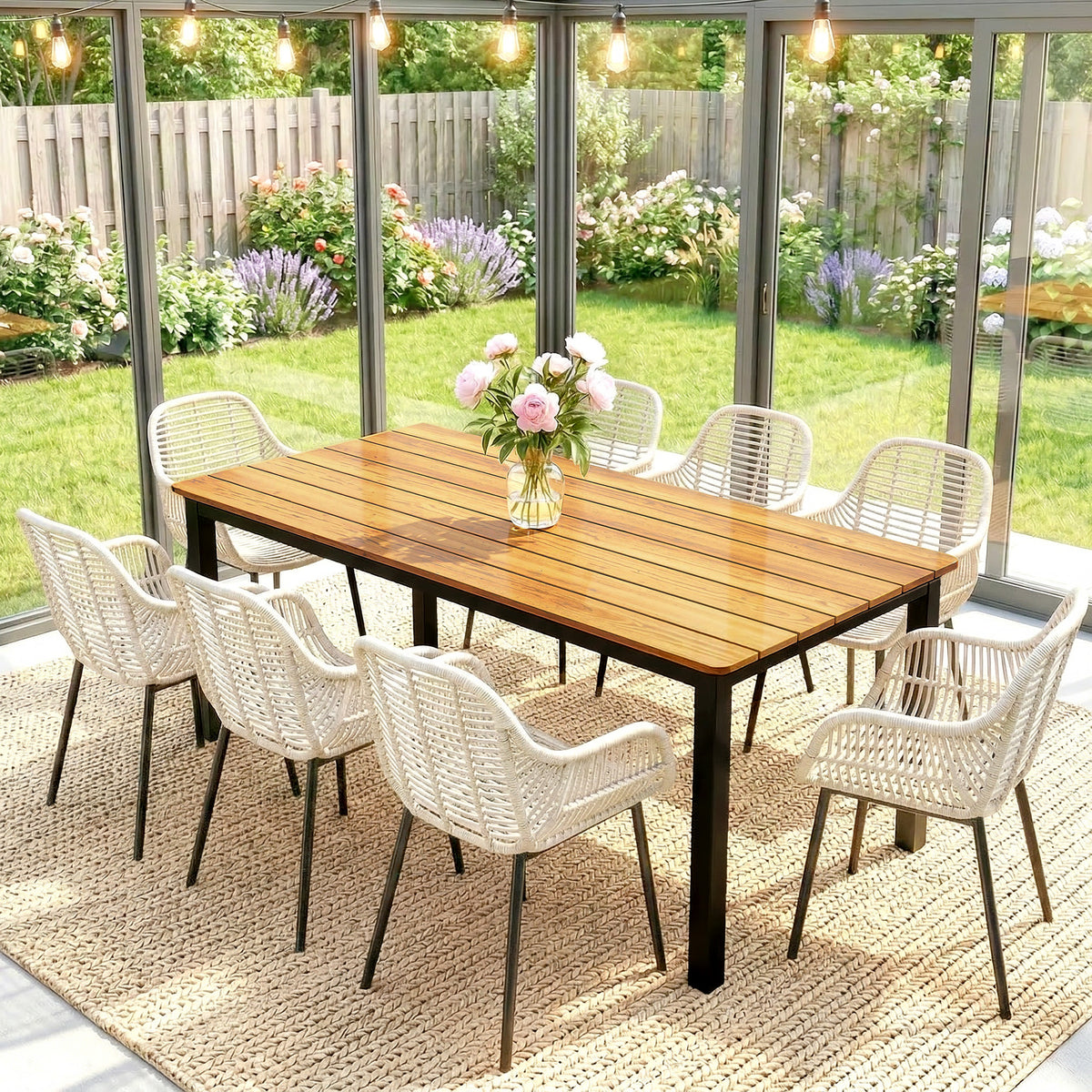 Outsunny Garden Dining Table for 6-8 Person, 180 x 86 cm Rectangular Outdoor Dining Table with Wood Slatted Top, Teak