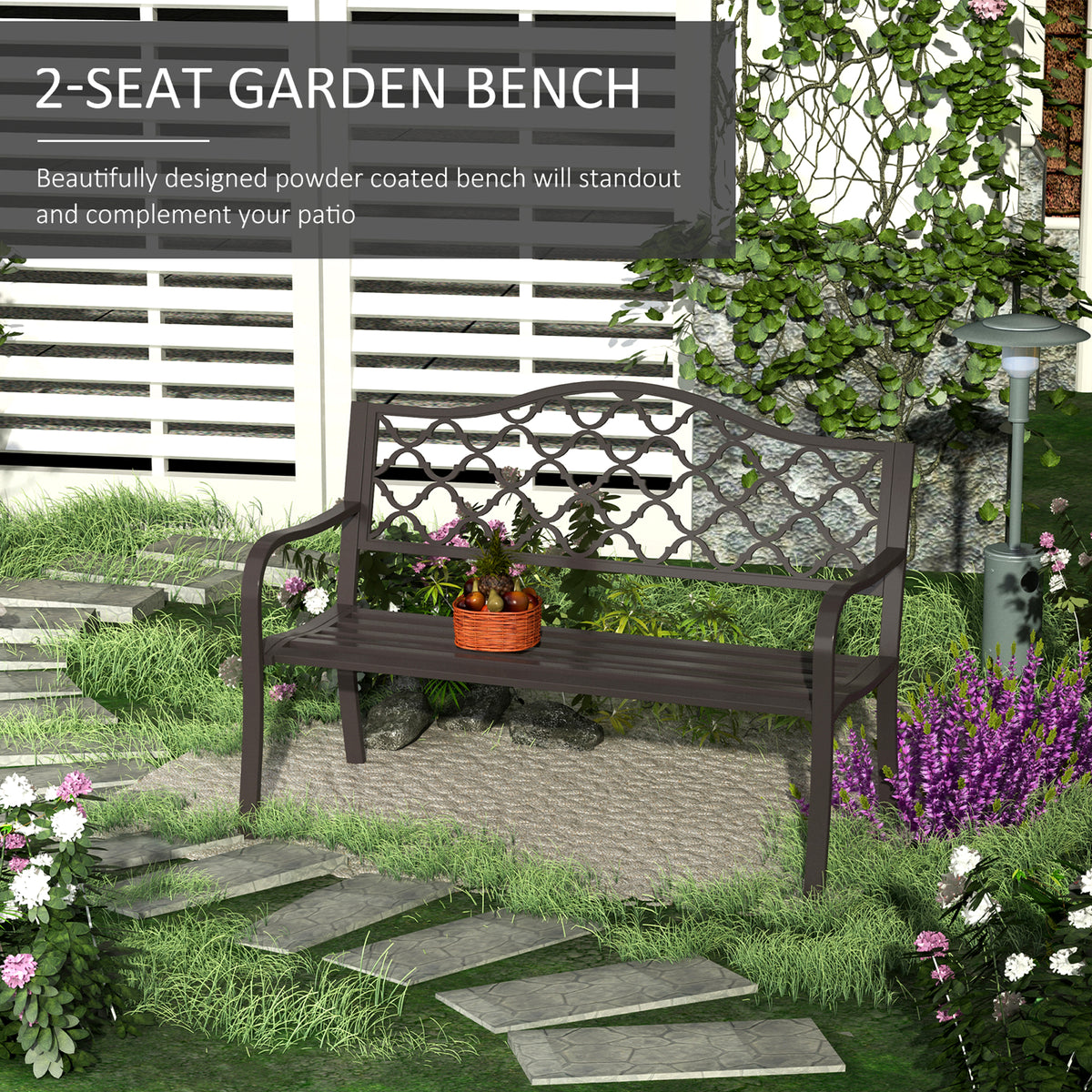 Two-seat brown garden bench with a decorative back and slatted seat
