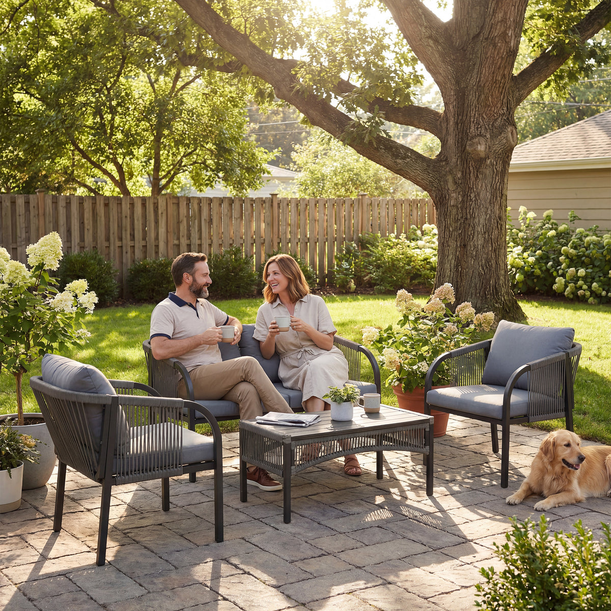 Outsunny 4 Piece Rattan Garden Furniture Set with Loveseat, Armchairs, Table, Steel Frame Wicker Patio Conversation Set, Grey