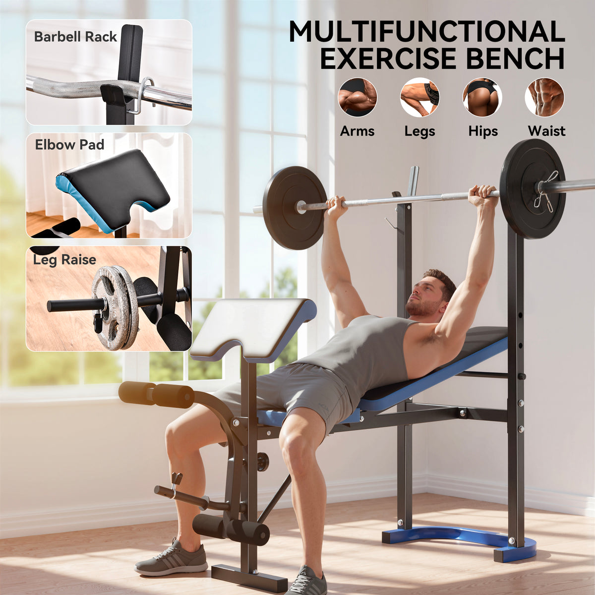 Multifunction weight bench with barbell rack and leg developer shown in use for bench press