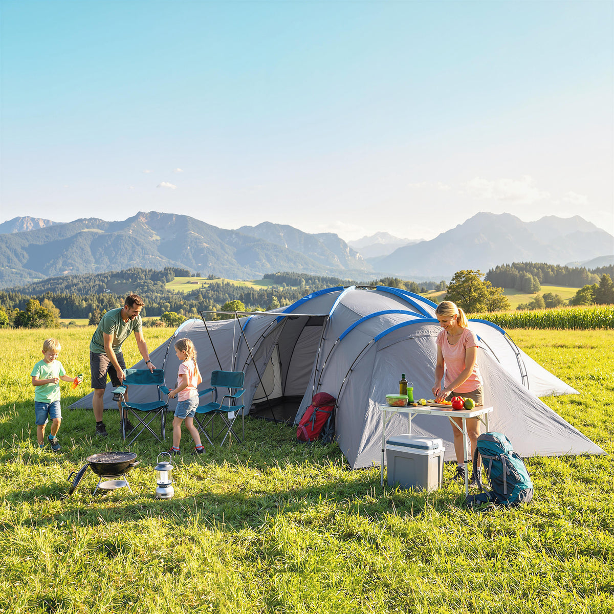 Outsunny 6-9 Man Large Tunnel Tent with 3 Bedrooms, Living Area and Porch, Light Grey