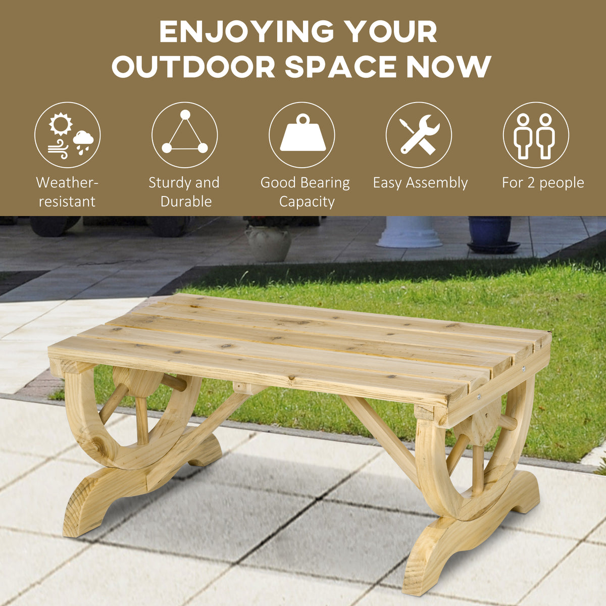 Outsunny wooden garden bench with slatted seat and wheel-shaped legs, shown outdoors
