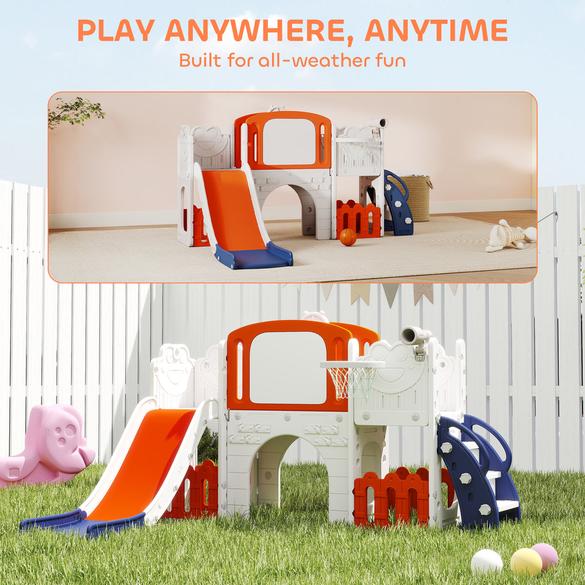 AIYAPLAY 7 in 1 Toddler Slide Set with Basketball Hoop, Climbing Frame, Telescope, Drawing Board, Storage Box, Orange