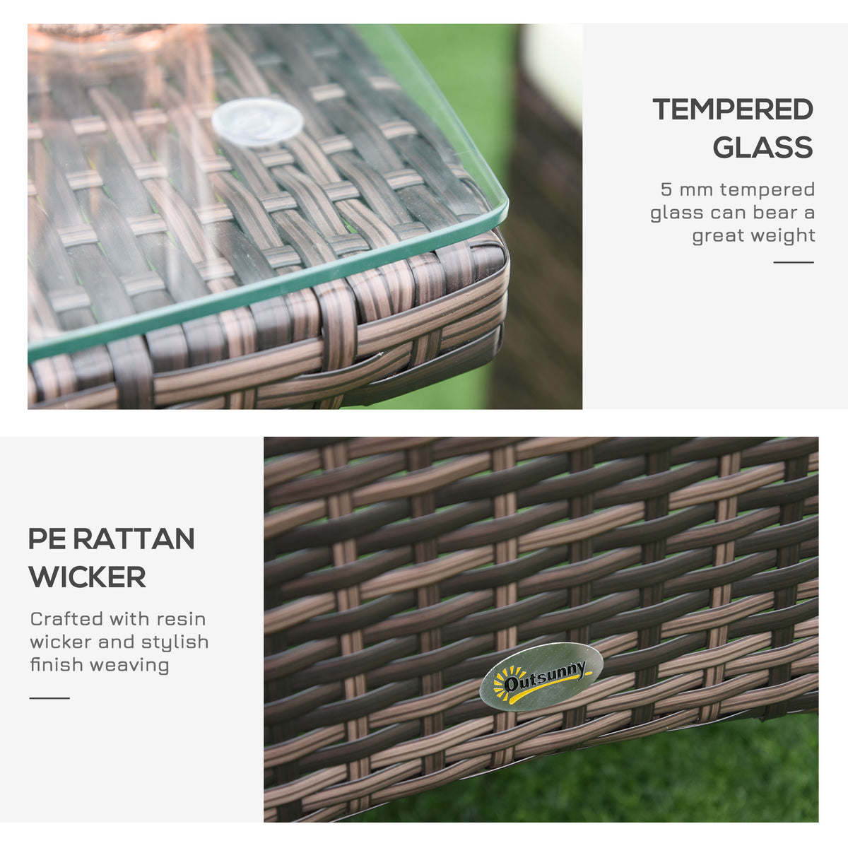 Close-up of the set's woven brown resin rattan and tempered glass tabletop