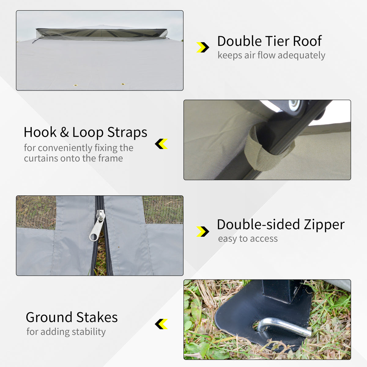 Gazebo detail collage showing the double-tier roof, curtain straps, double-sided zipper, and ground stake.