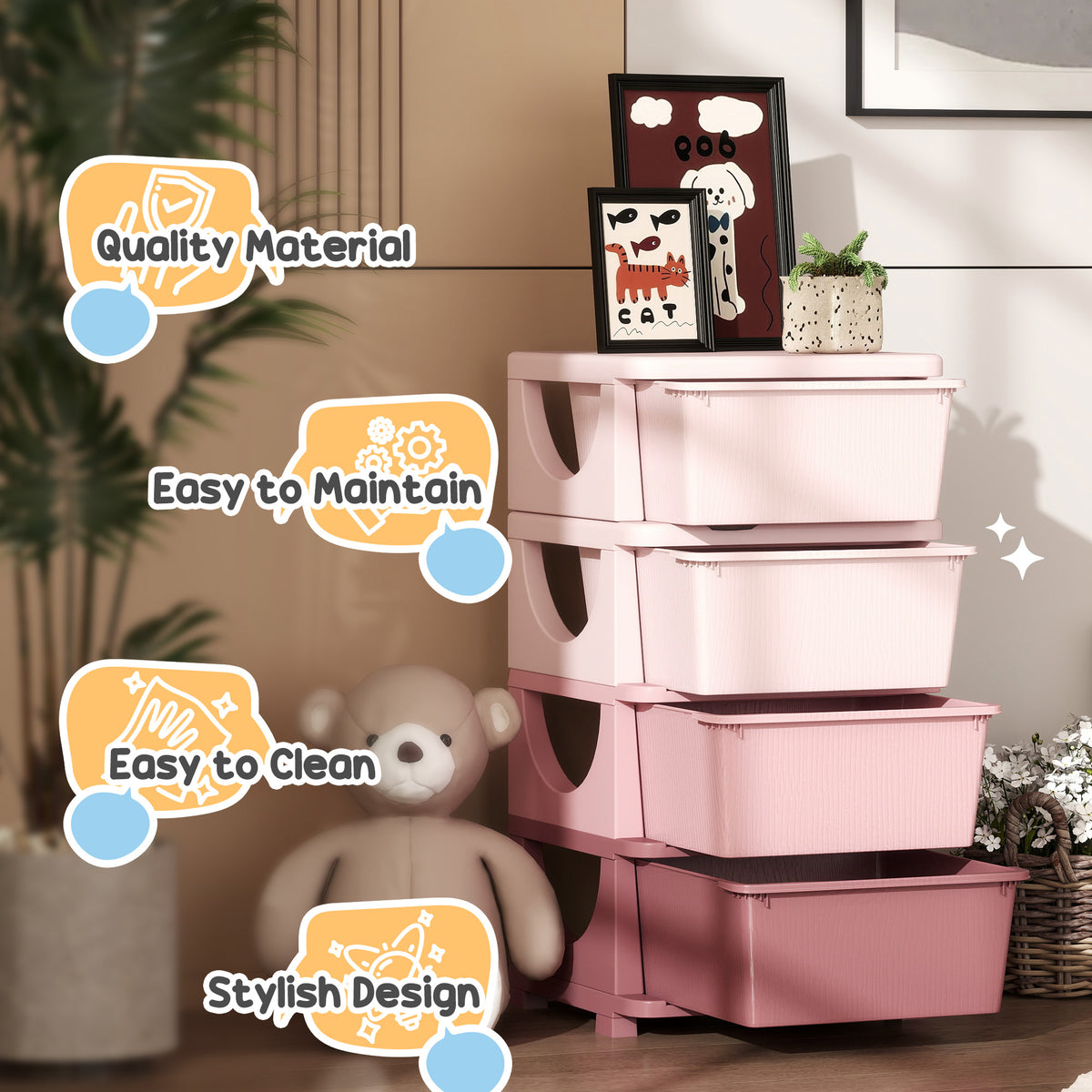 HOMCOM Four-Tier Kids Storage Boxes, with Four Drawers, Pink