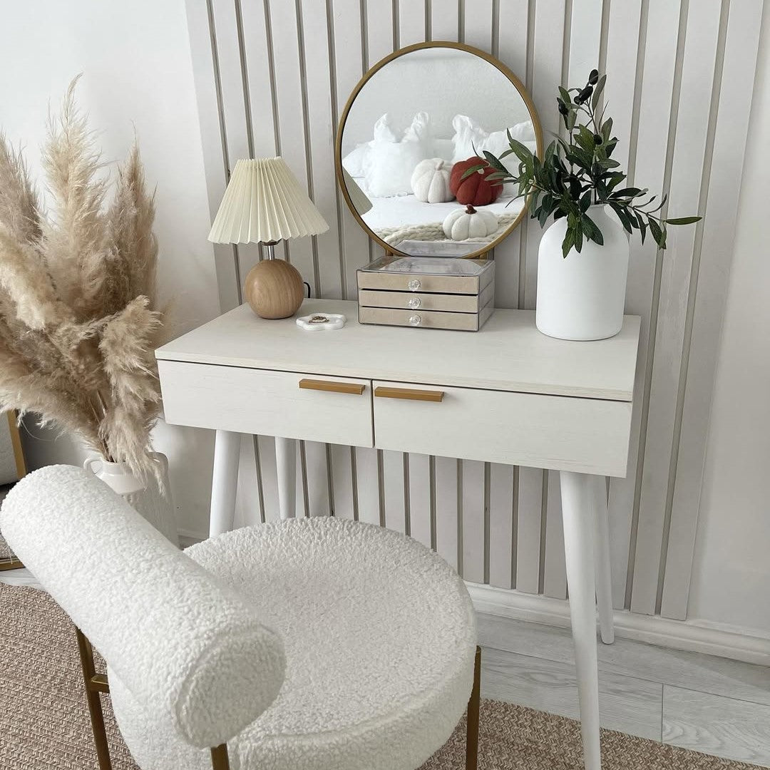 White dressing table with round mirror, two drawers and gold handles