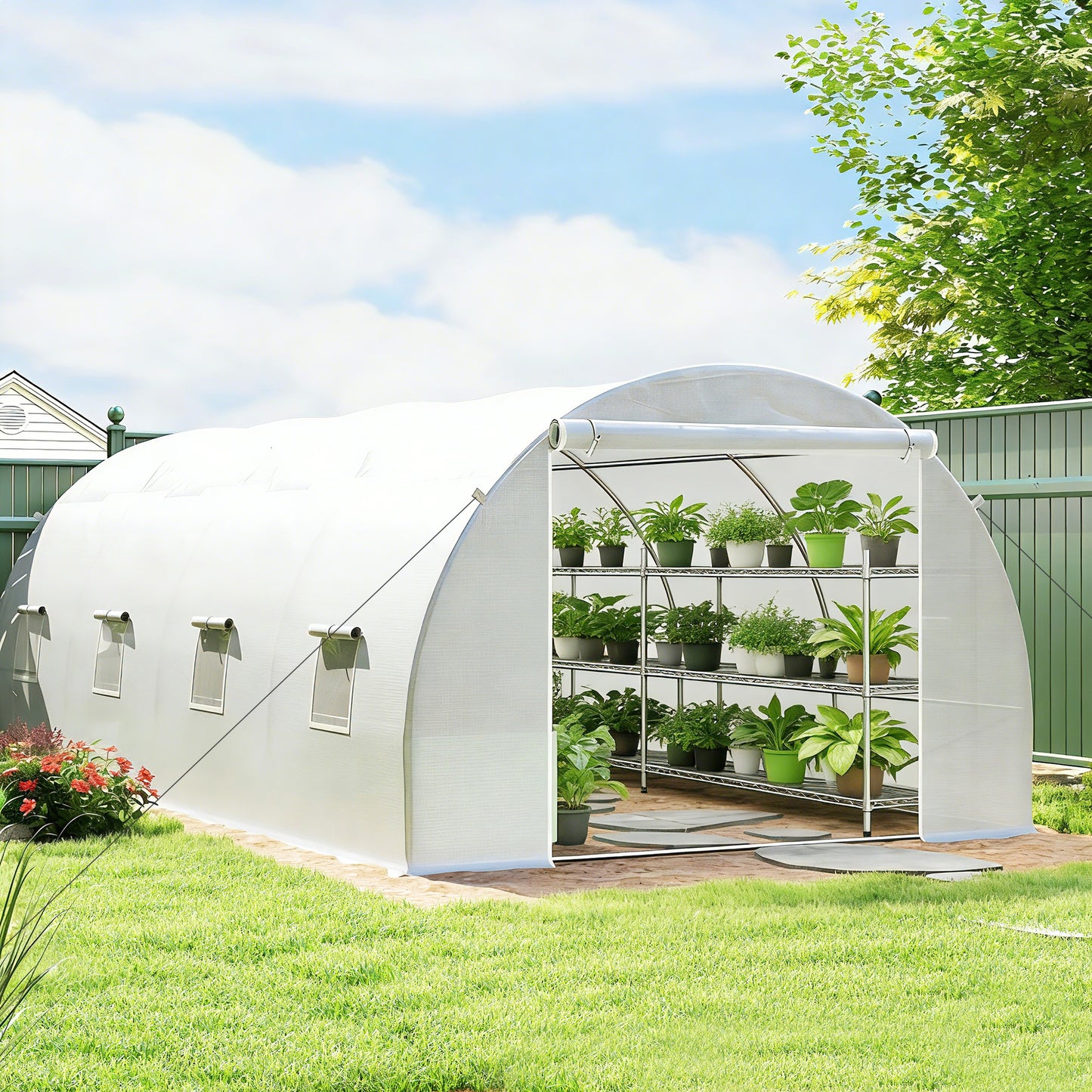 Outsunny Poly Tunnel for Garden, Walk-in Polytunnel with Door and Roll Up Windows, 6 x 3 x 2 m, White