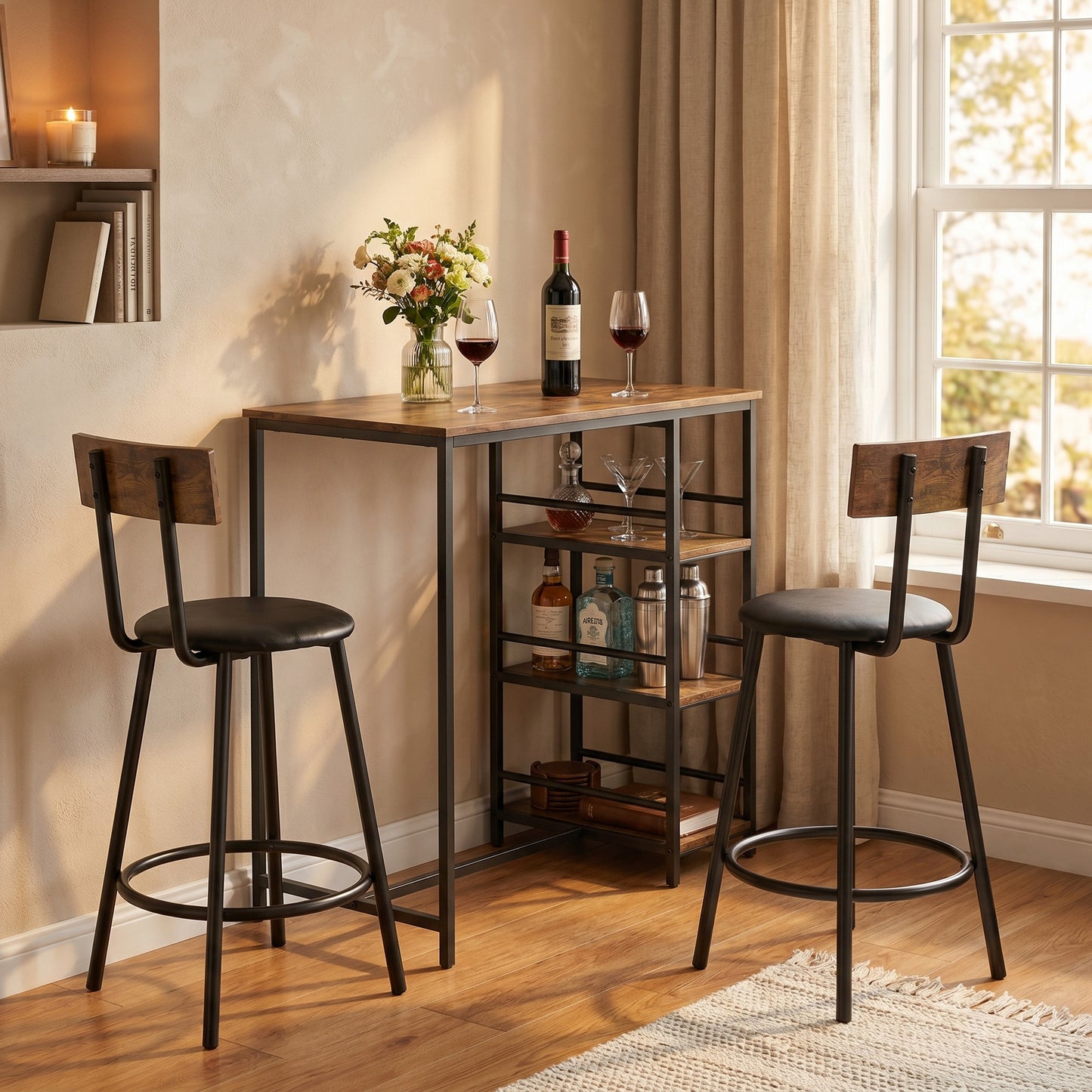 HOMCOM Space Saving Bar Table and PU Leather Stools for 2, 3 Piece Breakfast Bar Table Set with Storage Shelves, Rustic Brown