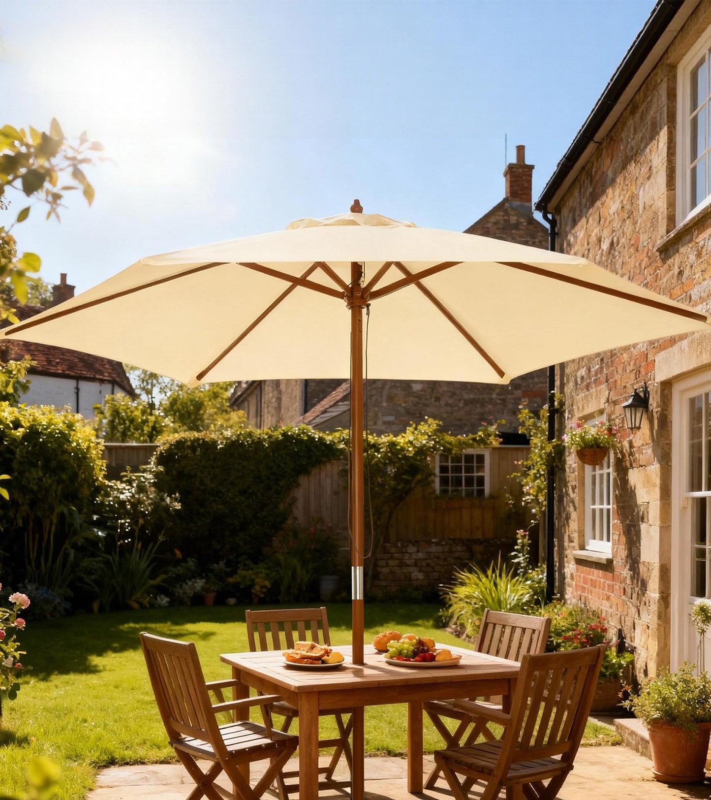 Outsunny 2.5m Wood Garden Parasol Sun Shade Patio Outdoor Wooden Umbrella Canopy, Table Market Umbrella with Vent, 38mm Pole, Rope Pulley Mechanism, Cream White
