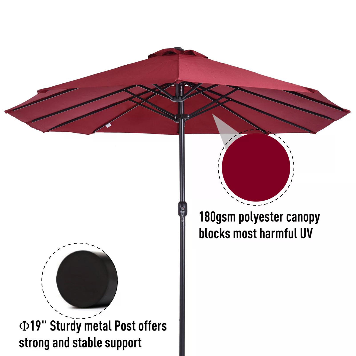 Underside of the wine-red Outsunny parasol showing its metal support frame and central pole