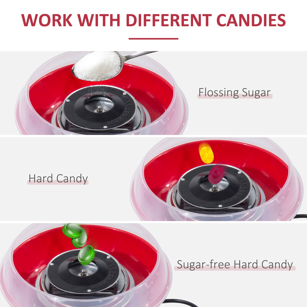 Cotton candy maker shown with flossing sugar, hard candy, and sugar-free hard candy.