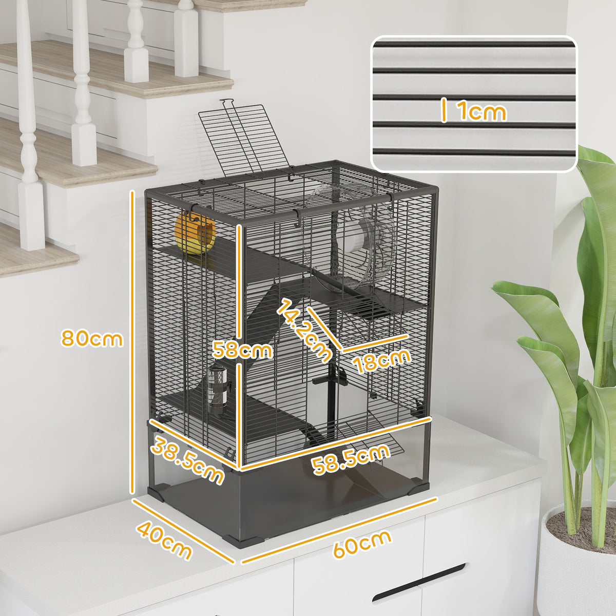 PawHut hamster cage with dimensions marked, deep glass base and wire upper frame