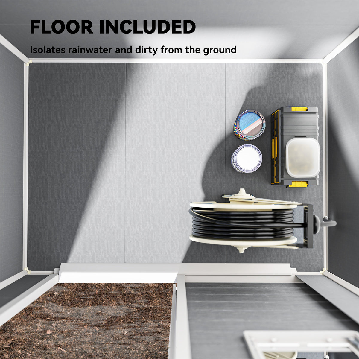 Resin shed interior with included floor panels separating stored items from the ground