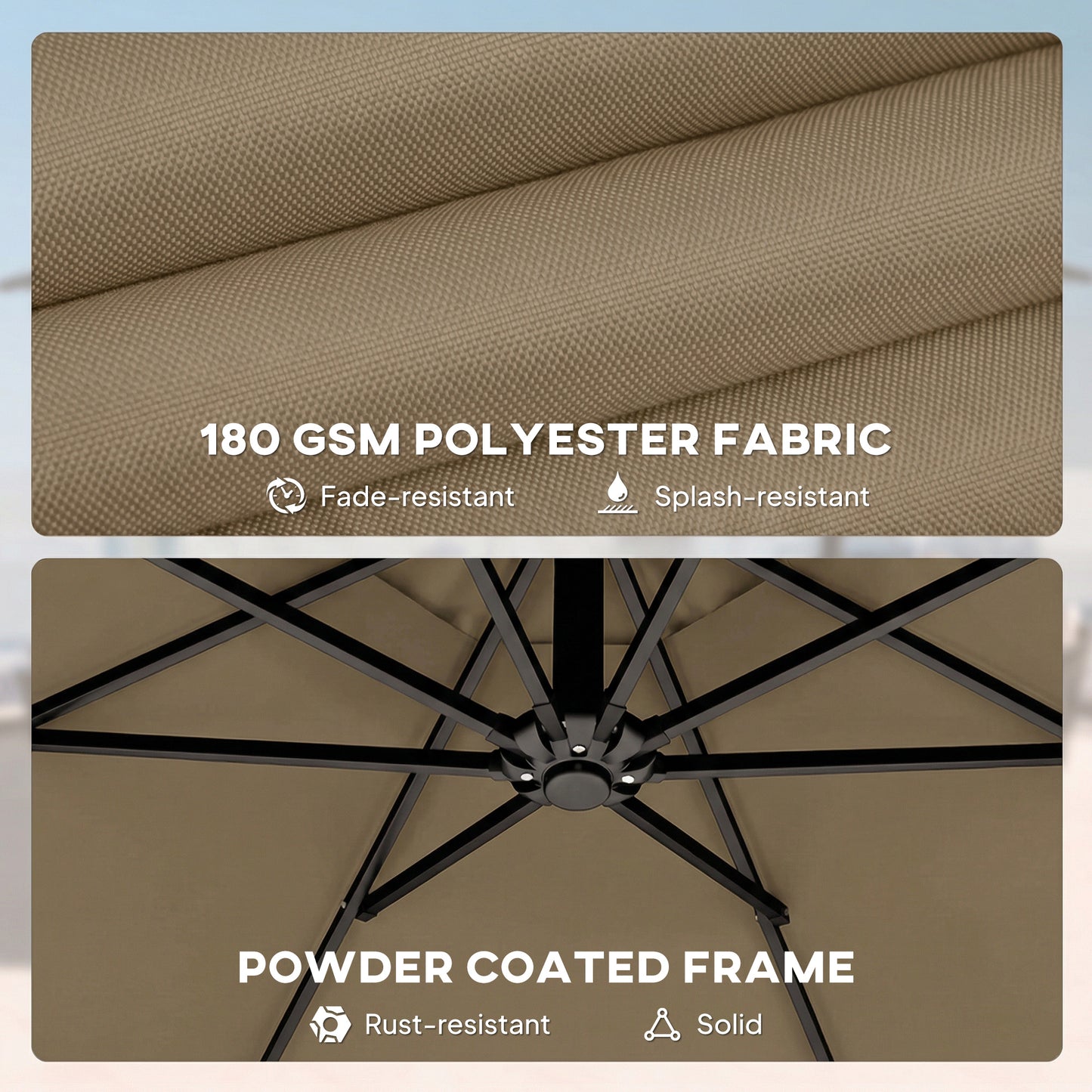 Outsunny 3 m Garden Cantilever Parasol with Cover, Round Overhanging Umbrella with 360° Rotation, Tilt, Khaki