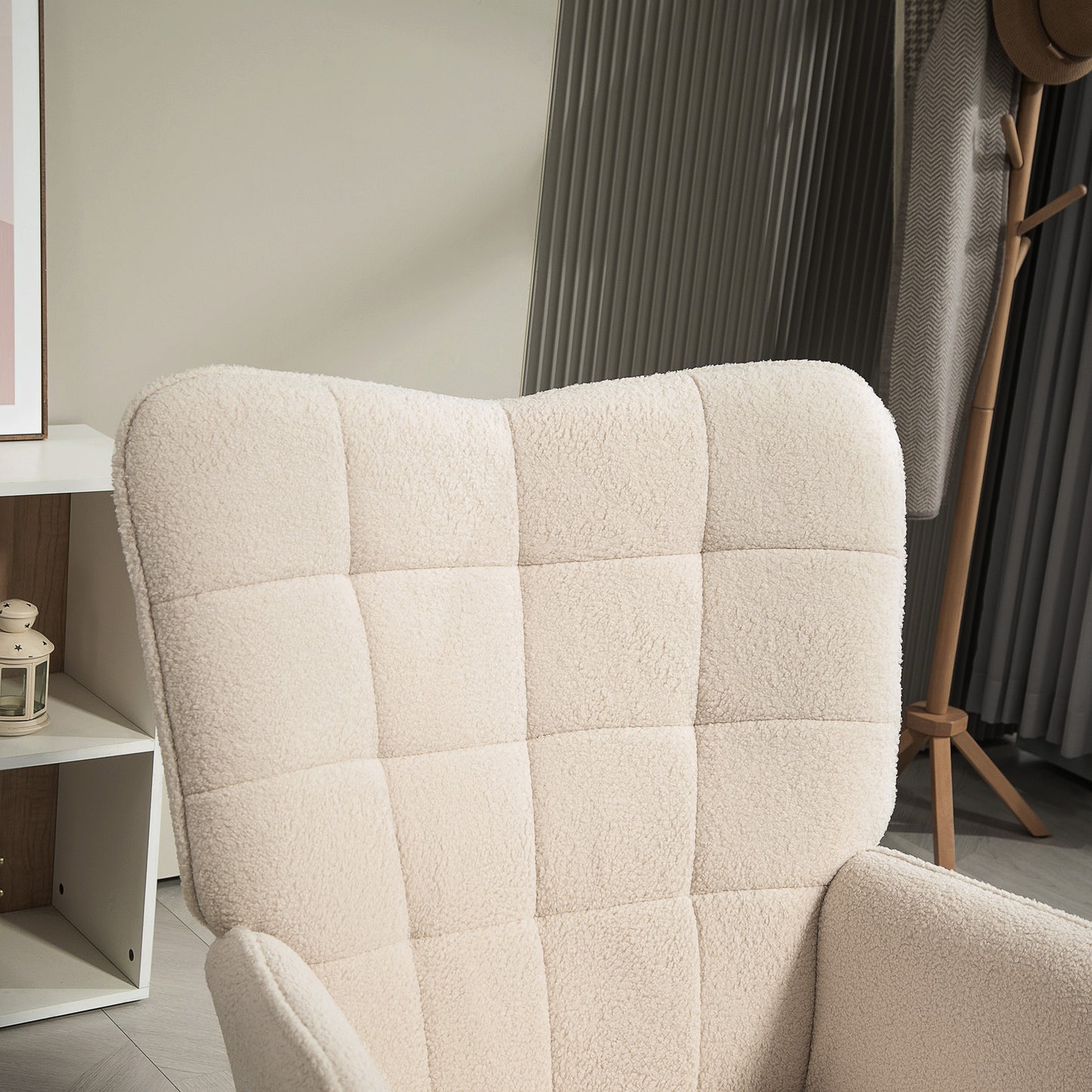 HOMCOM Modern Accent Chair, Upholstered High Back Armchair with Tufted Wingback, Seat Padding, Teddy Fleece Leisure Lounge Bedroom Chair with Wood Legs, Cream White