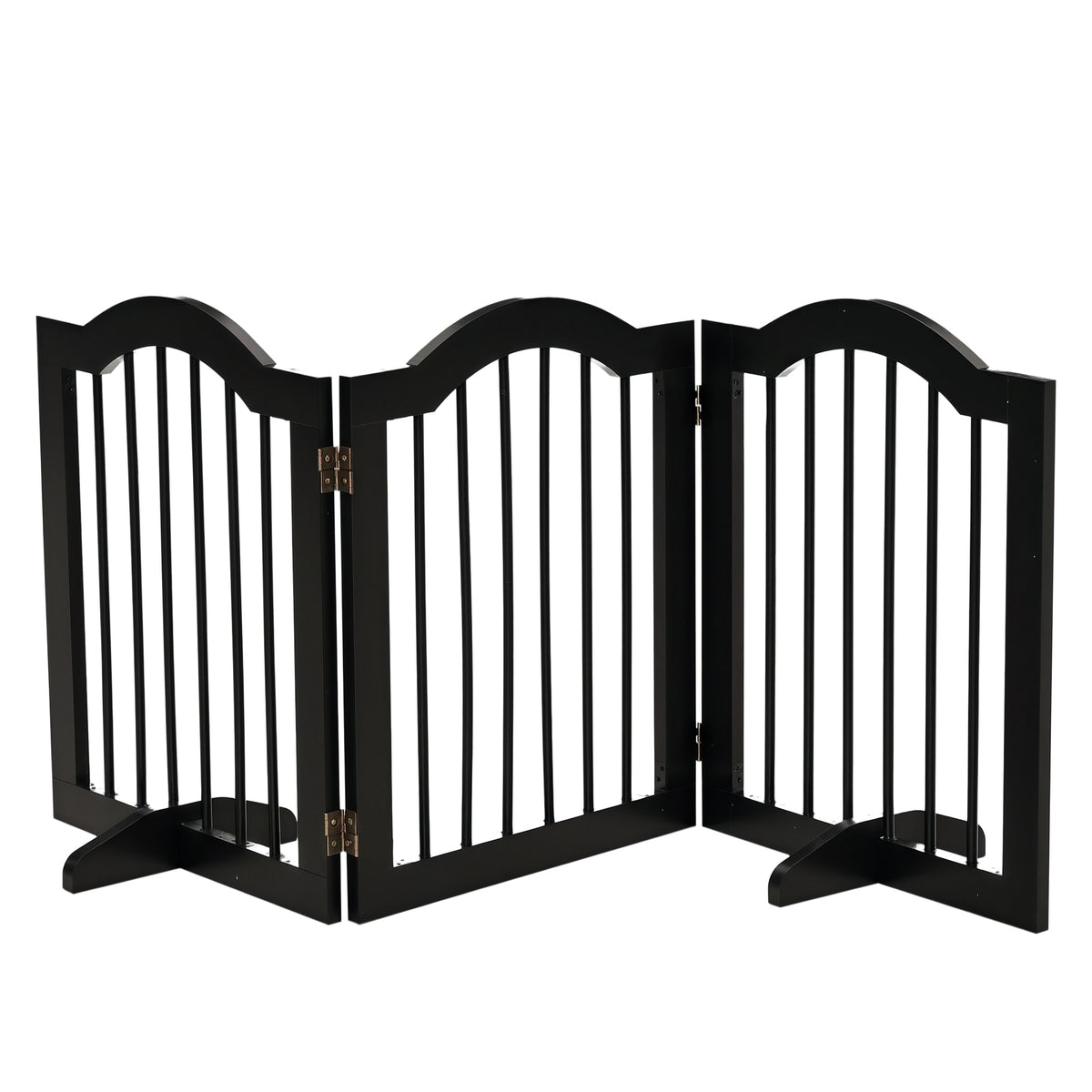 Black freestanding wooden dog gate with three hinged panels and support feet