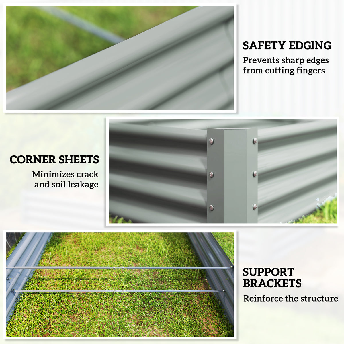 Steel planter details showing rolled safety edges, corner sheets, and support brackets