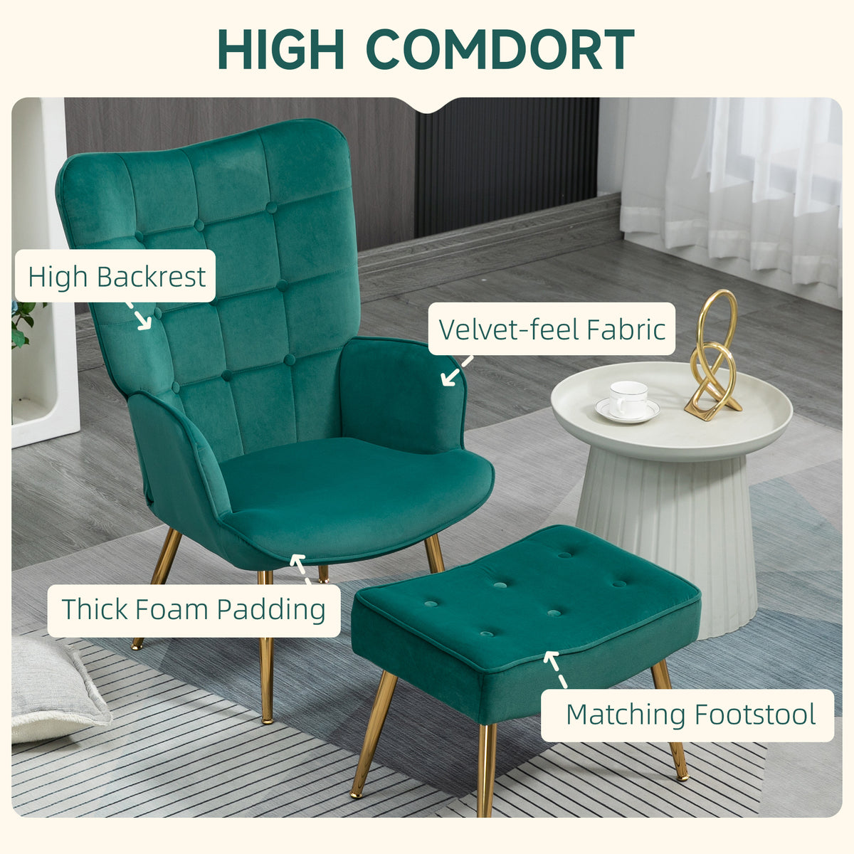 Dark green velvet armchair with high button-tufted back, padded seat and matching footstool