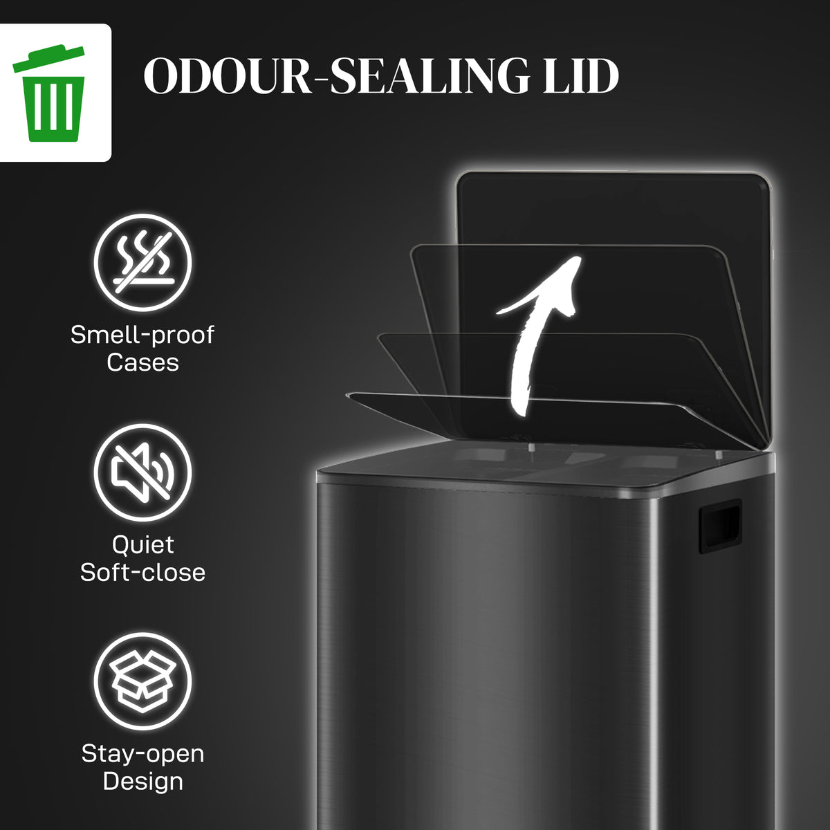 Dual-compartment bin with raised odour-sealing lid and soft-close design