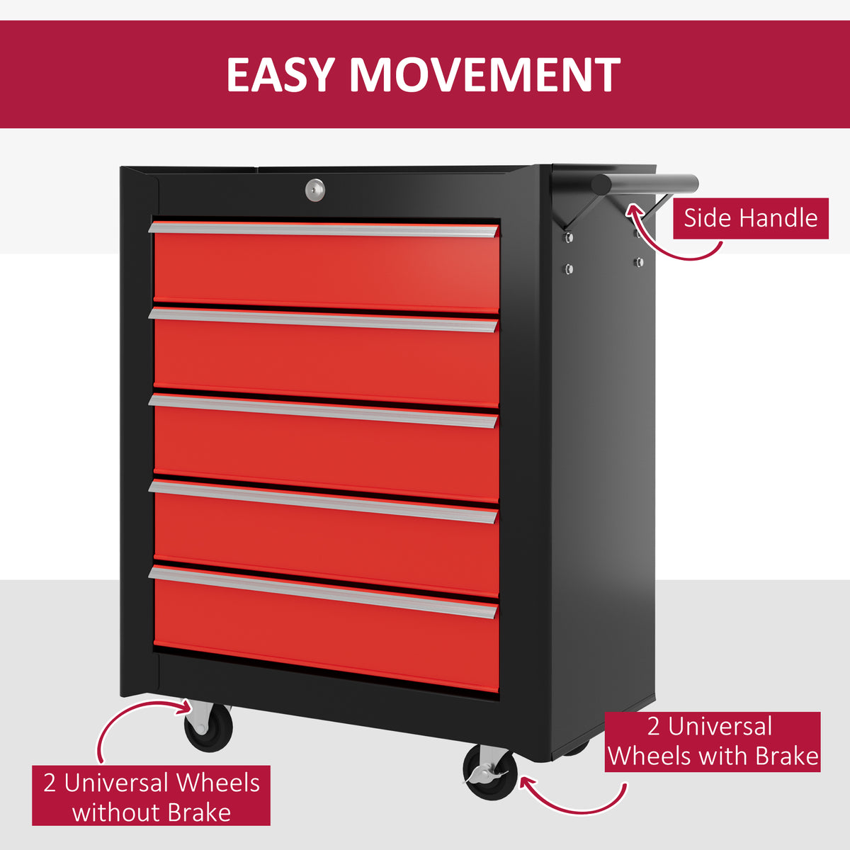 HOMCOM five-drawer tool chest with side handle and locking caster wheels