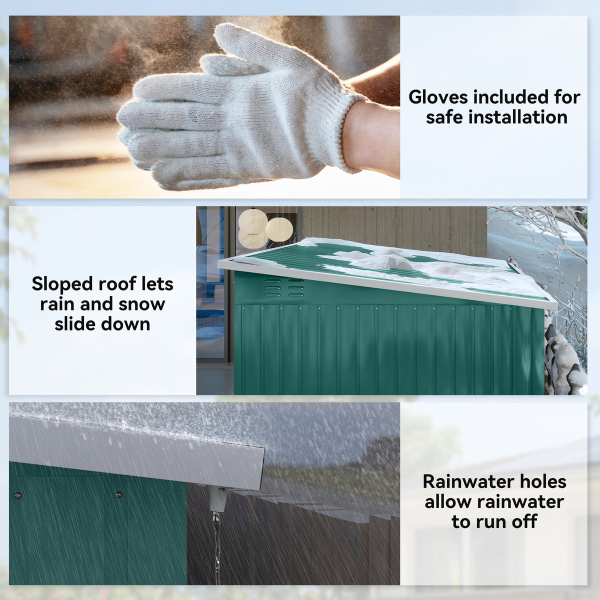 Outsunny green shed with sloped roof and rainwater drainage holes