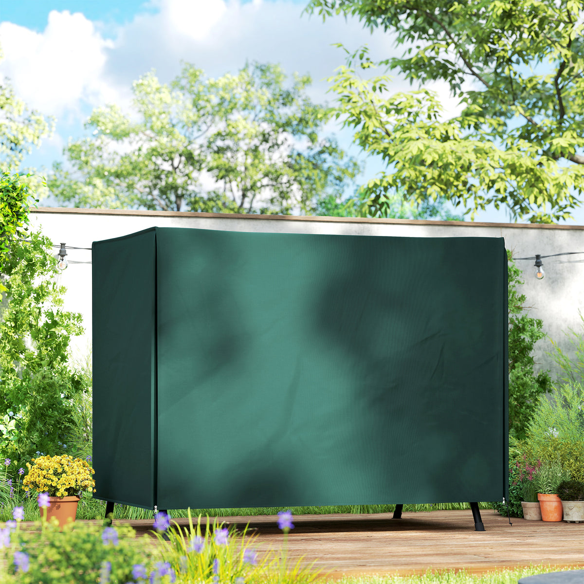 Green protective cover fully fitted over a three-seater swing