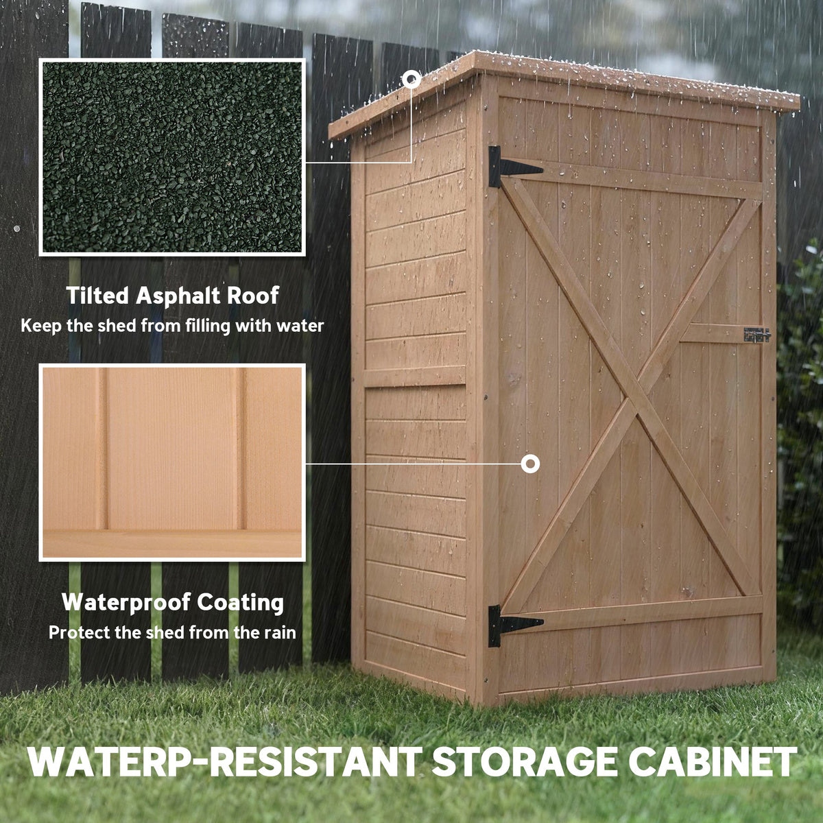 Outsunny wooden storage shed with sloped roof, cross-braced door, and water-resistant coating