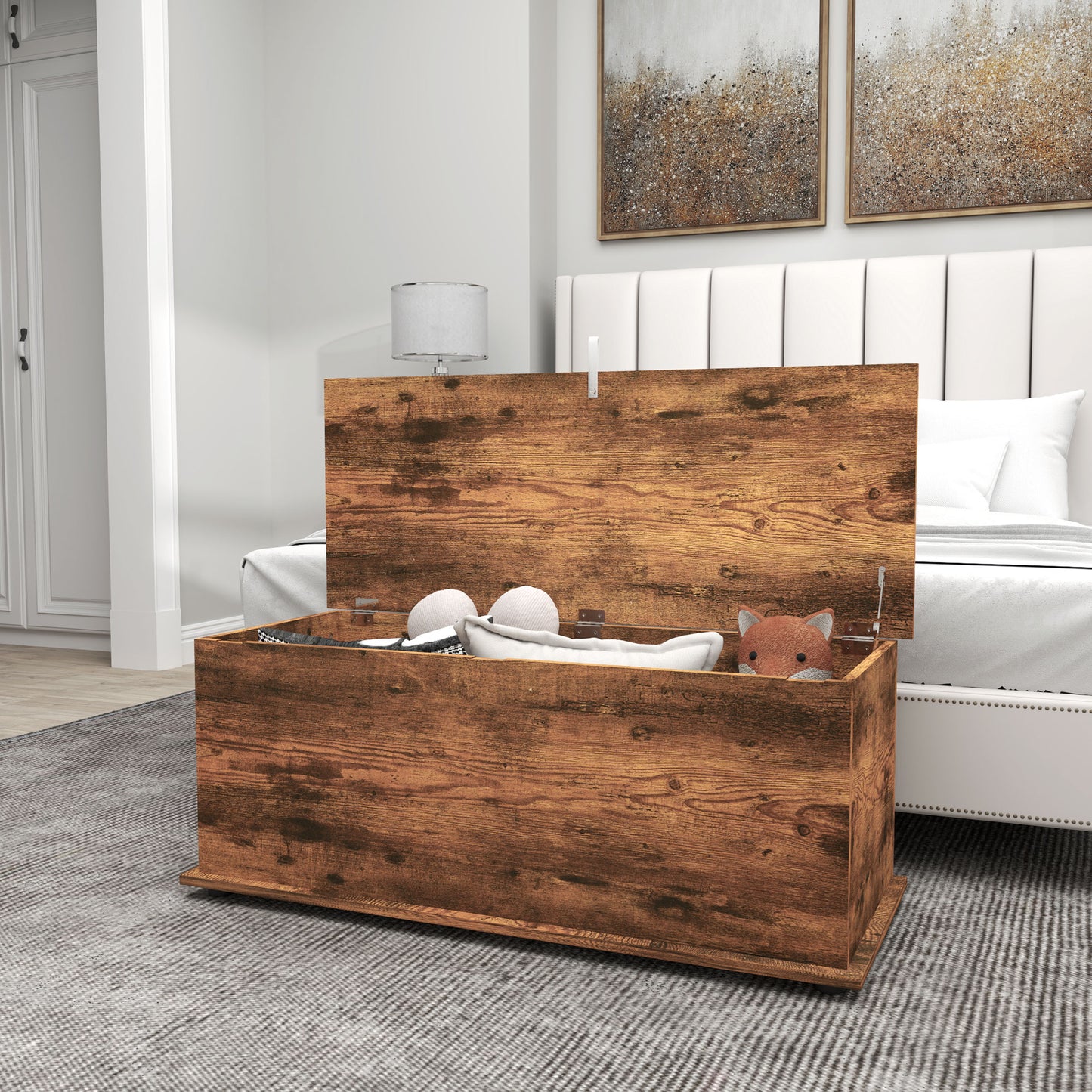 HOMCOM Storage Chest, Large 113L Blanket Box, Shoe Bench with Safety Hinged Lid, Storage Trunk, Bed End Bench for Bedroom, Hallway, Living room, Playroom, 100 x 40 x 40cm, Rustic Brown