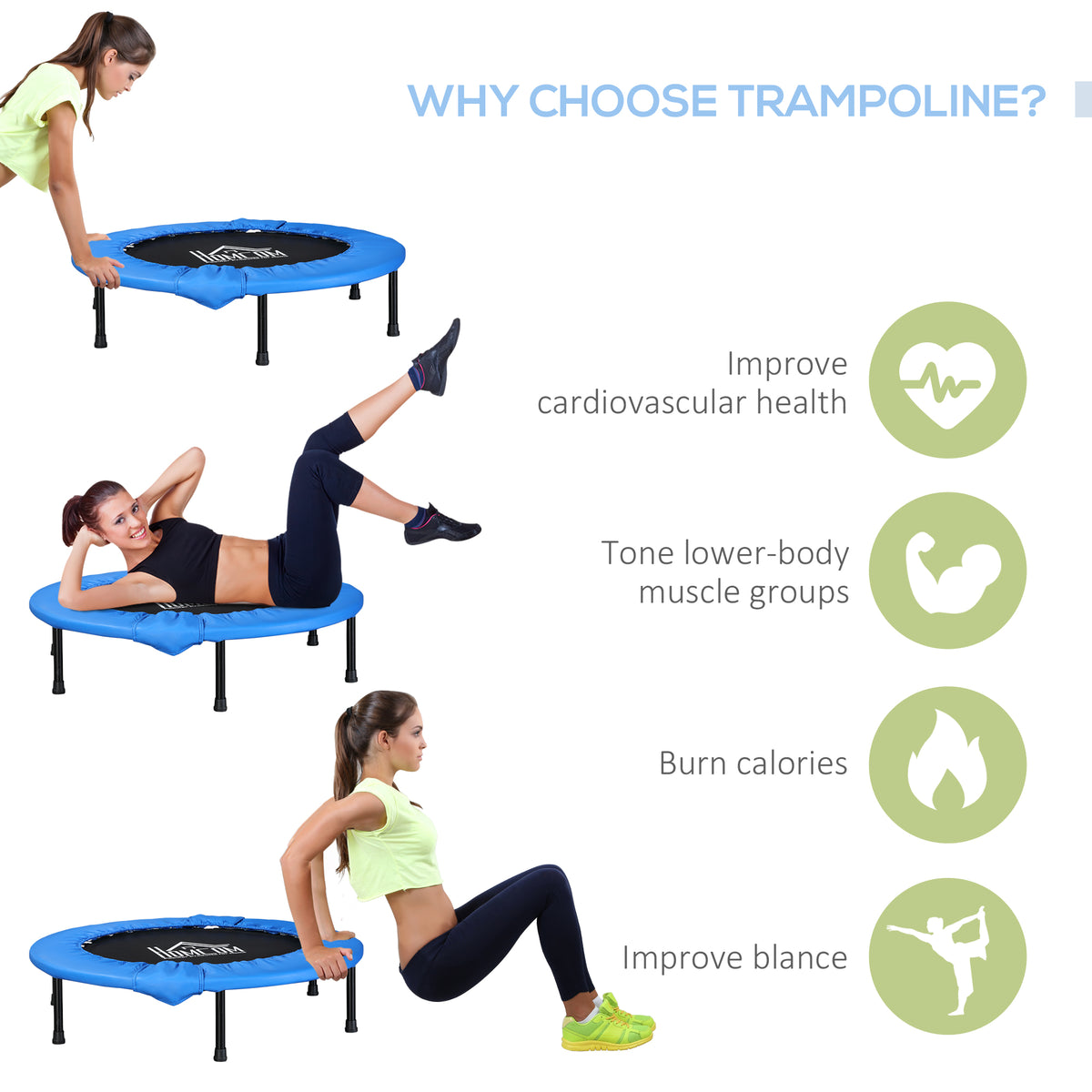 HOMCOM mini fitness trampoline shown during several seated and supported exercises