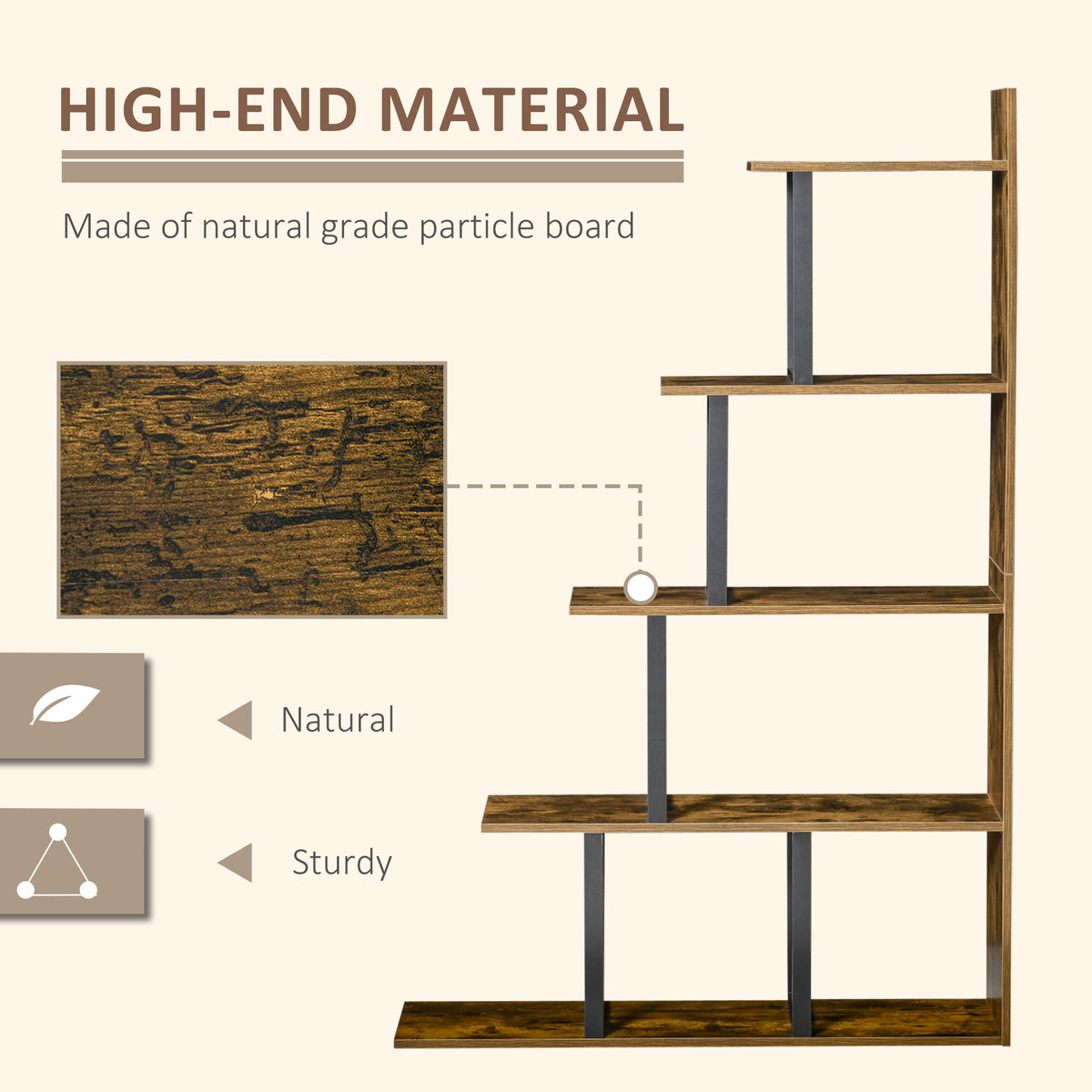 Ladder bookshelf showing rustic wood-grain particleboard shelves and black metal supports