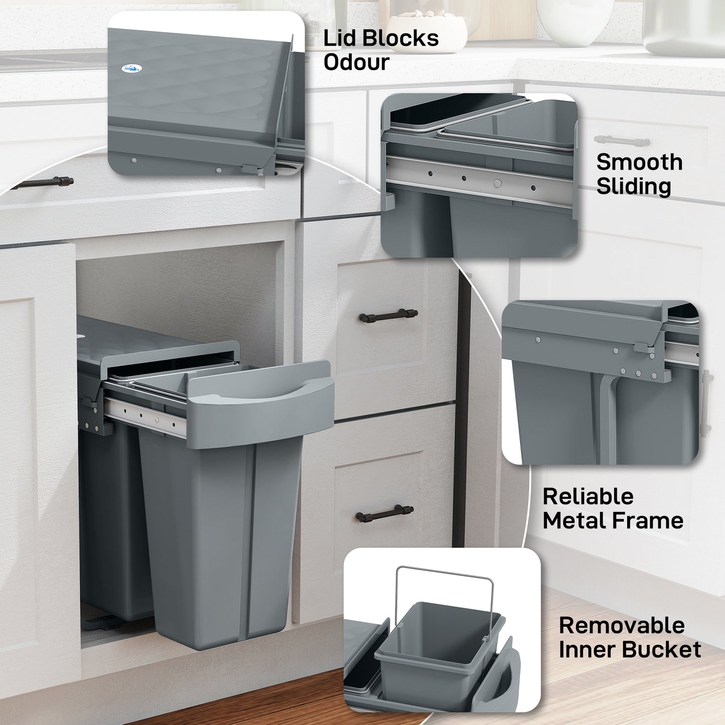 HOMCOM 2 Removable Recycling, ContaineUnder-Sink Kitchen Trash Bin, Smooth Slide, Handle, Diamond Pattern Lid, Grey
