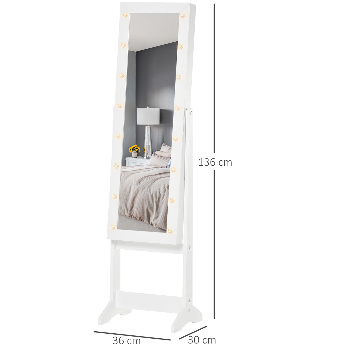 White LED mirror jewelry cabinet on a stand, shown with dimensions of 136 by 36 by 30 cm.