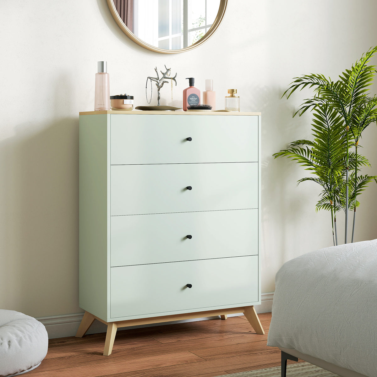 HOMCOM 4 Drawer Storage Cabinet, Chest of Drawers for Bedroom Living Room, Light Green and Oak