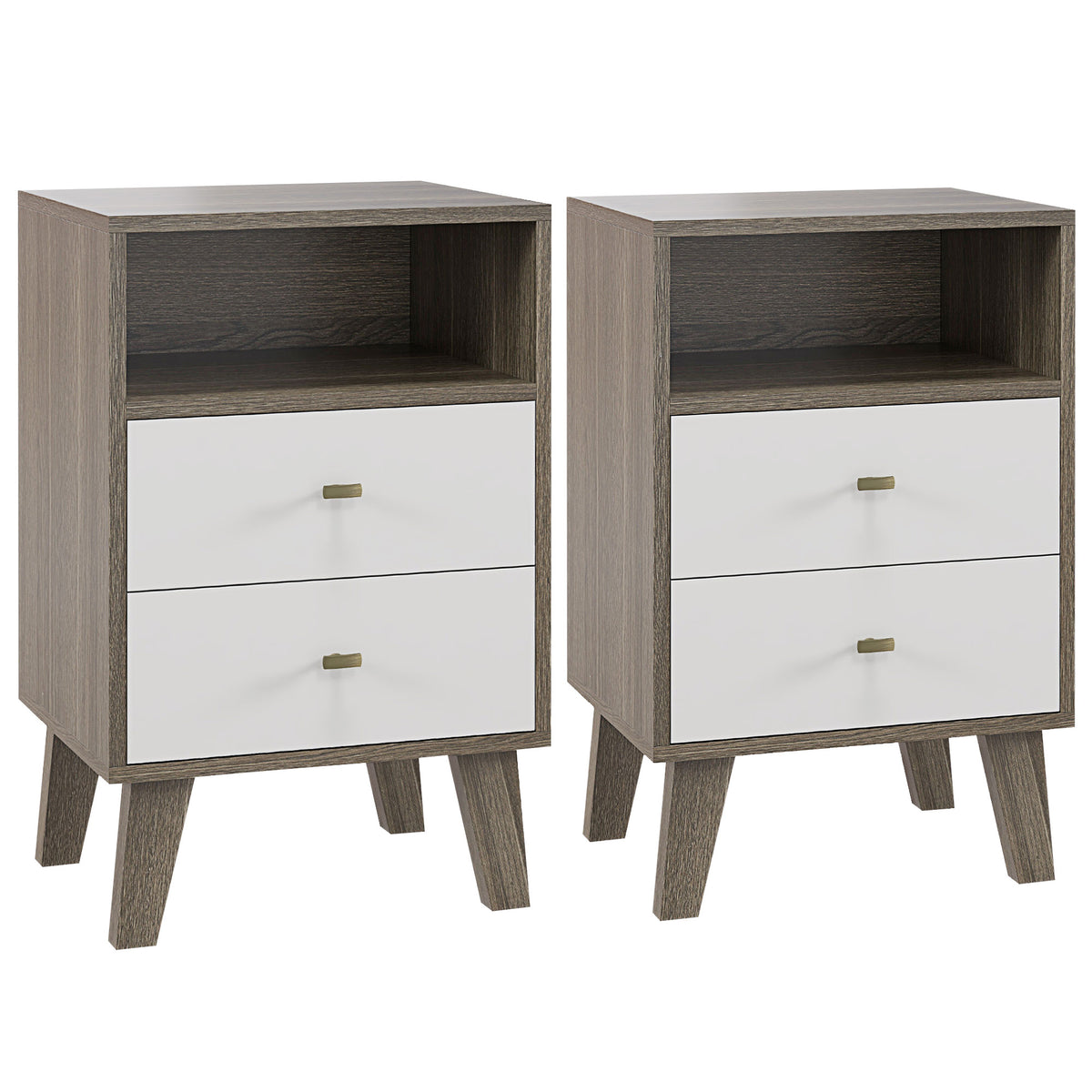 HOMCOM bedside table pair with dark wood finish, open shelf, two white drawers and tapered legs
