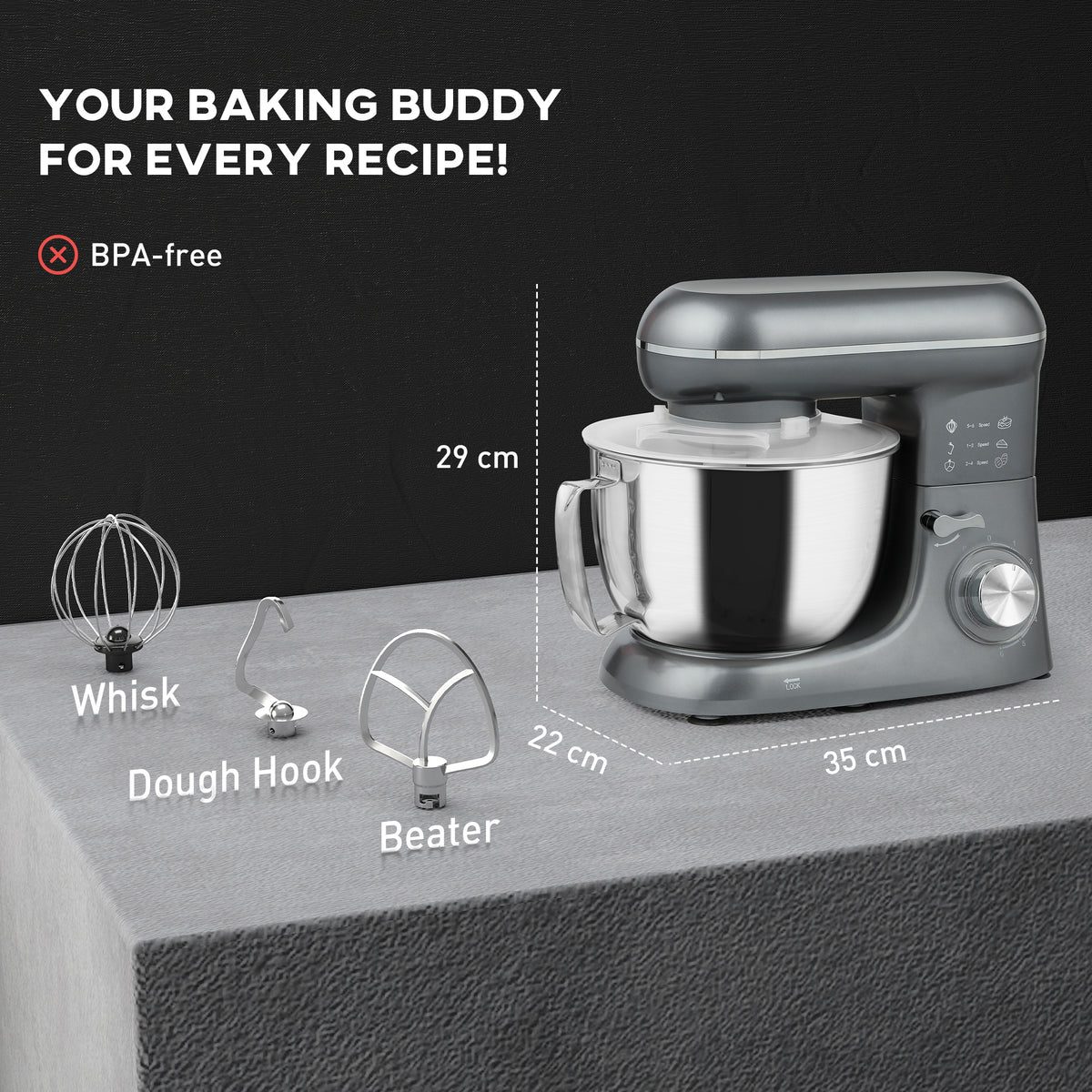 HOMCOM 1300W Kitchen Stand Mixer, with Accessories - Silver
