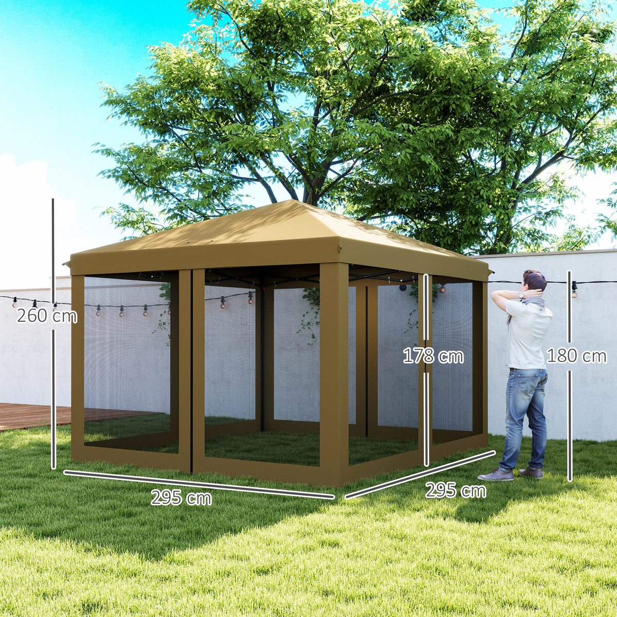 Outsunny khaki mesh-sided gazebo, about 295 cm wide and 260 cm tall