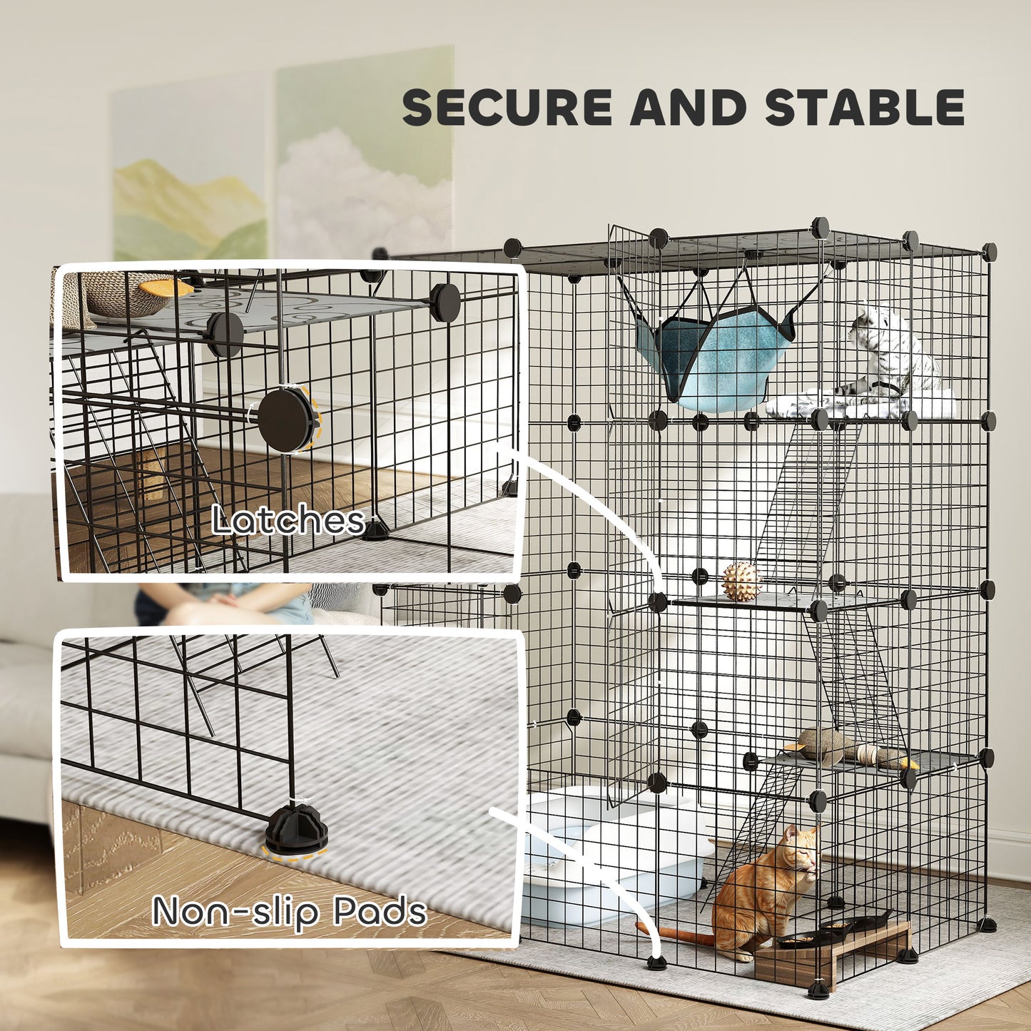 PawHut Four-Tier DIY Large Cat Cage with Hammock, Ramps, Five Doors, Indoor Use for 1-3 Cats, Black