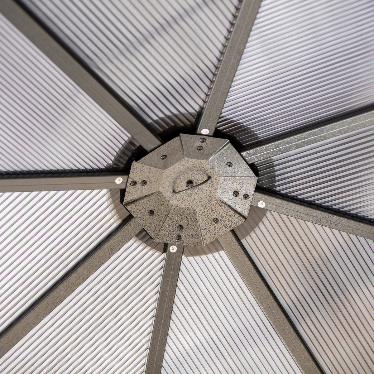 Outsunny gazebo roof interior with ribbed polycarbonate panels and central support hub