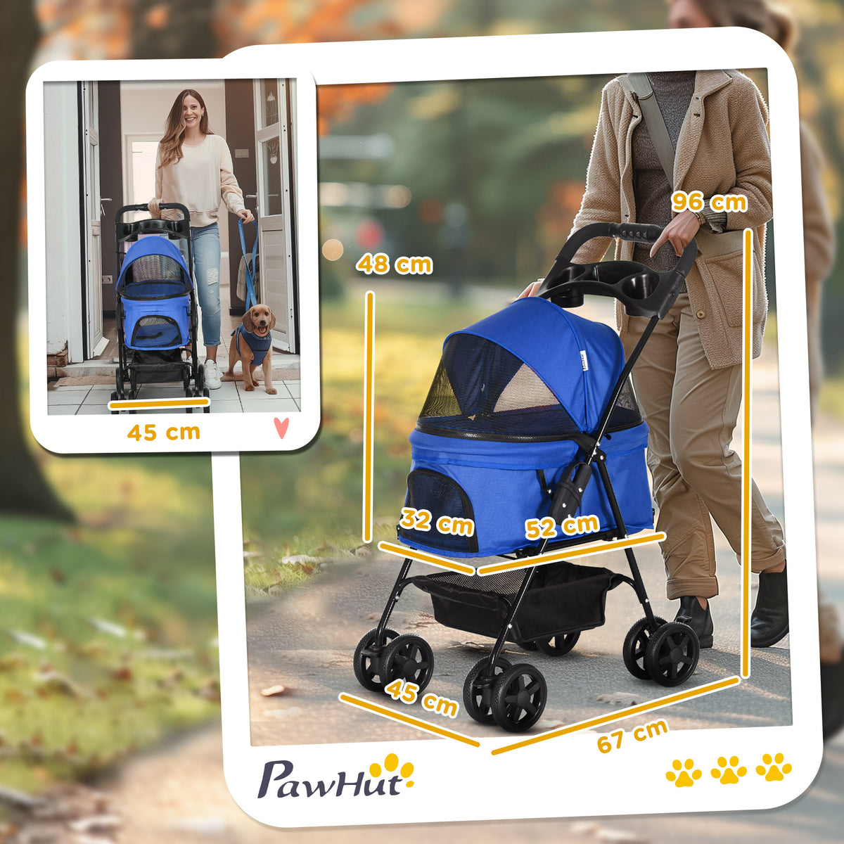 Blue pet stroller with mesh canopy, shown beside a person with its dimensions.