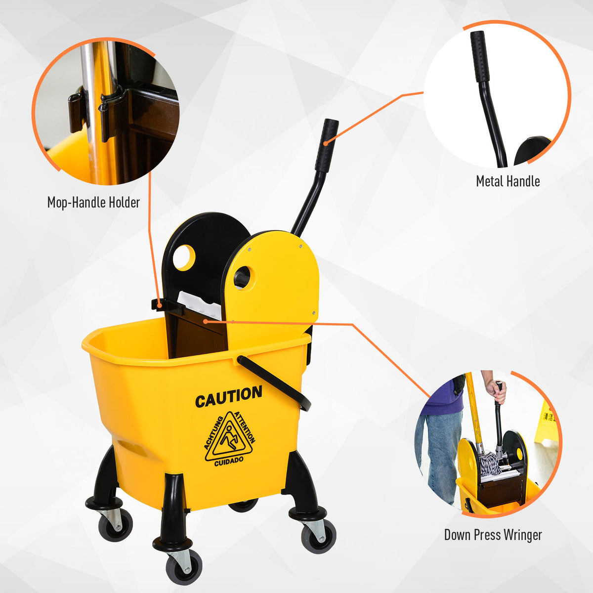 Yellow mop bucket with down-press wringer, metal handle and mop-handle holder.