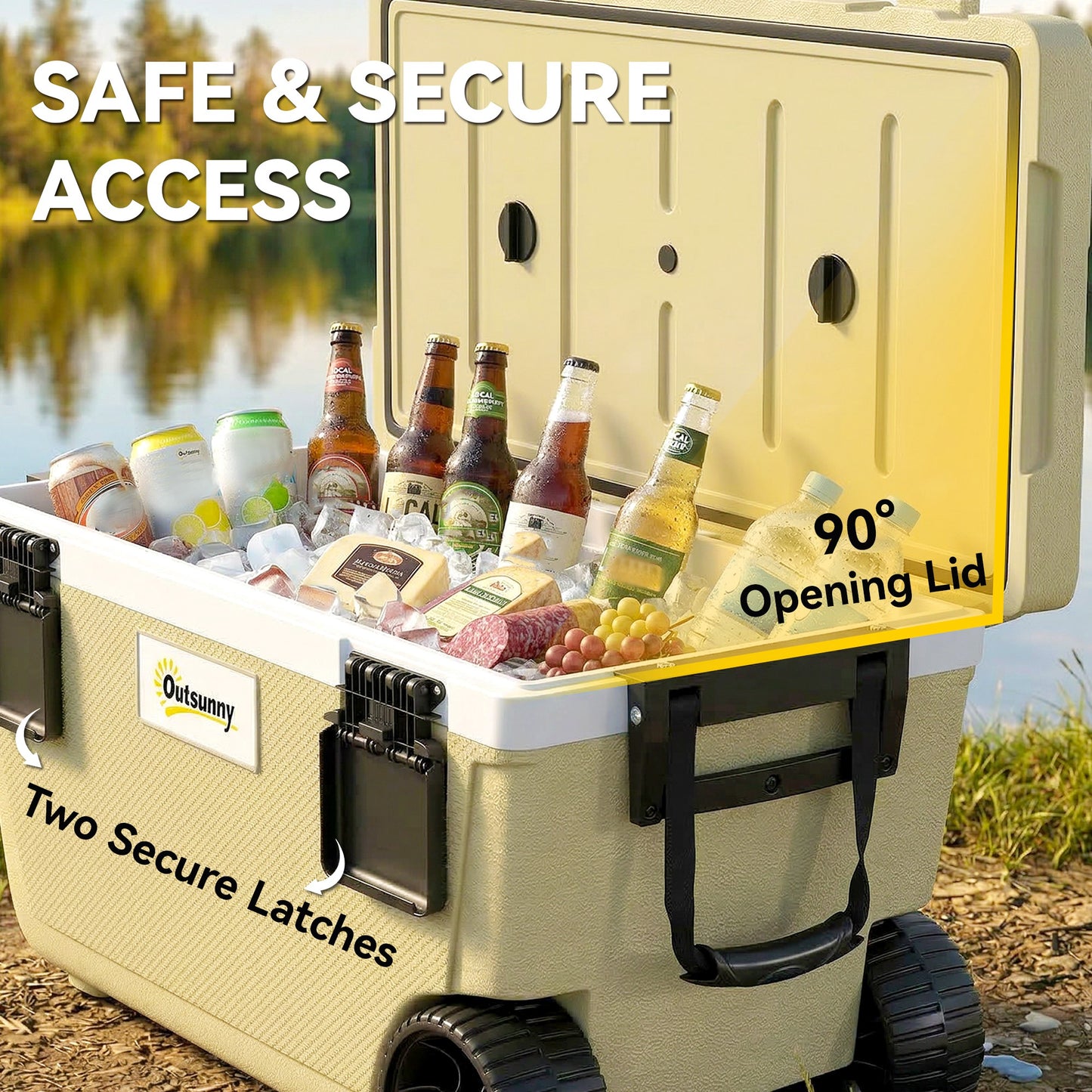 Outsunny 70L Insulated Cool Box with Wheels, Portable Ice Cooler with Handle, Lid and Drain Valve, Khaki