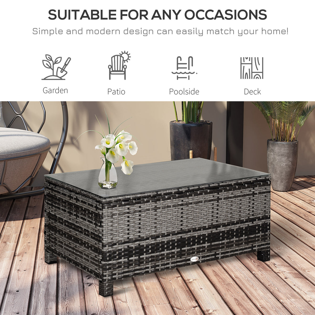 Outsunny grey rattan coffee table with glass top shown on a patio
