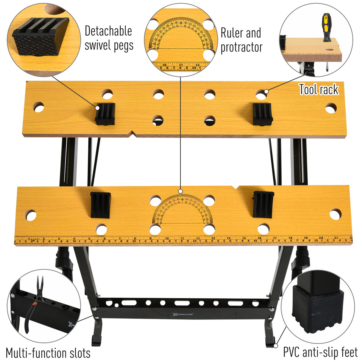 DURHAND workbench detail showing swivel pegs, ruler, protractor, tool rack, and anti-slip feet