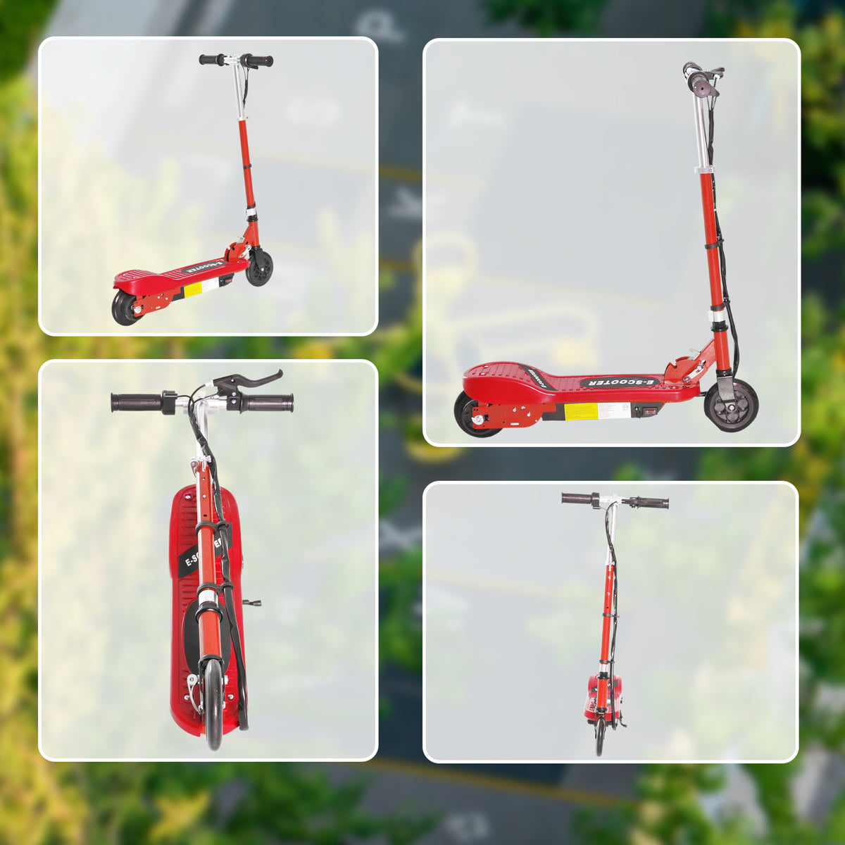 Red HOMCOM electric scooter shown from front, side, and folded angles