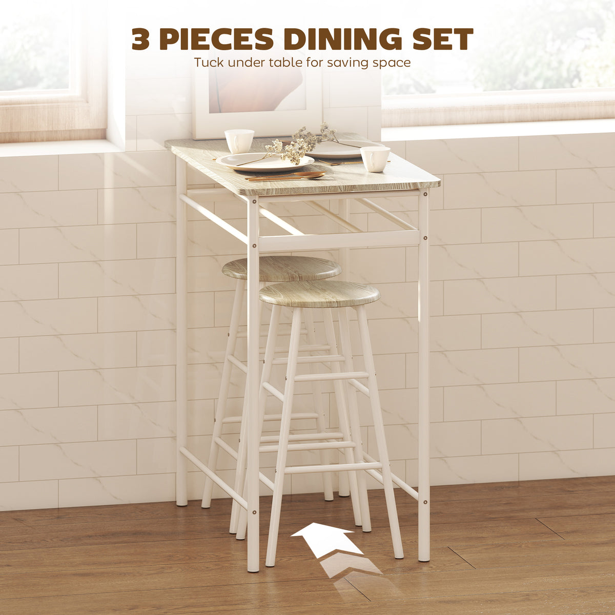 HOMCOM Bar Table Set, Bar Table and Stools Set, Footrest and Storage Shelf, for Kitchen, Dining Room, Pub, Cafe, White and Oak
