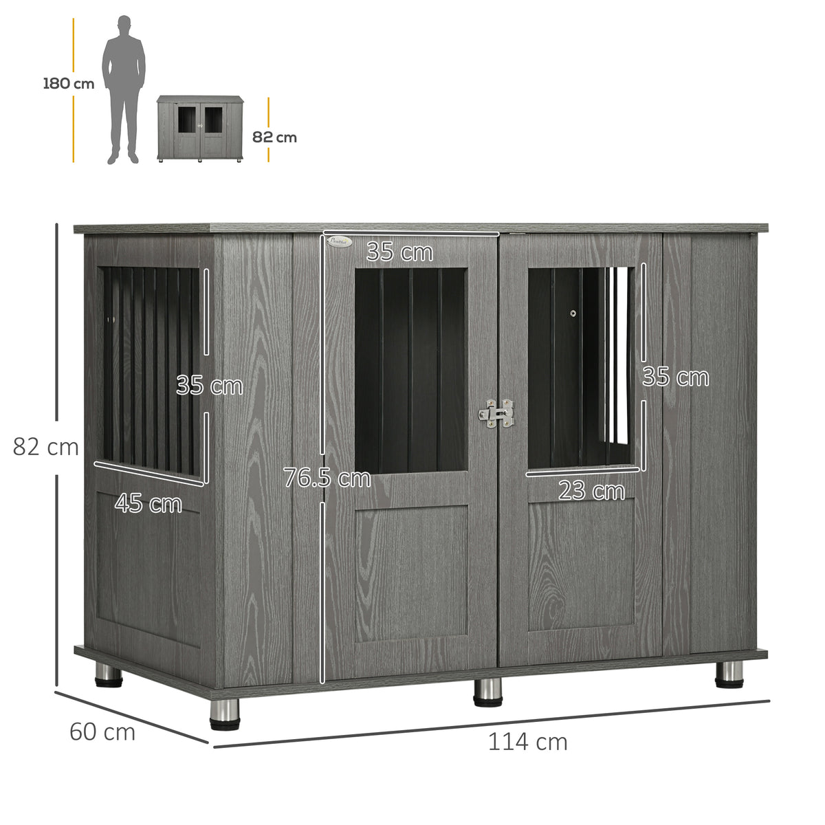 Grey wooden dog crate table with dimensions marked: 114 by 60 by 82 cm